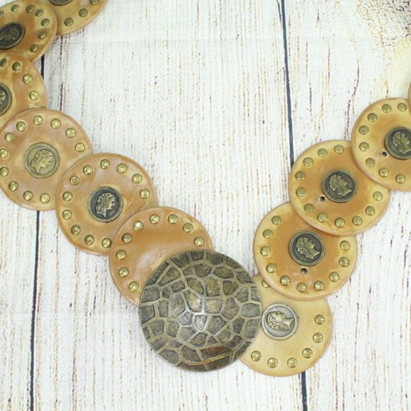 Classic Brown Leather Coin Studded Embellished Boho Morrocan Belt Size M/L - Picture 4 of 8